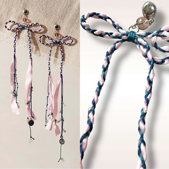 Free People Candy Baby Bow Dangle Earrings Pink Blue Braid Coquette Mermaid NWT - Picture 1 of 9